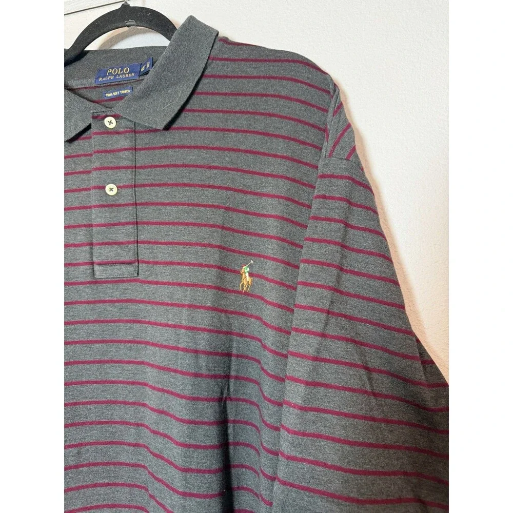 Polo Ralph Lauren Men's Polo Shirt 2XLT 2XL Tall Gray Burgundy Striped Pima Soft